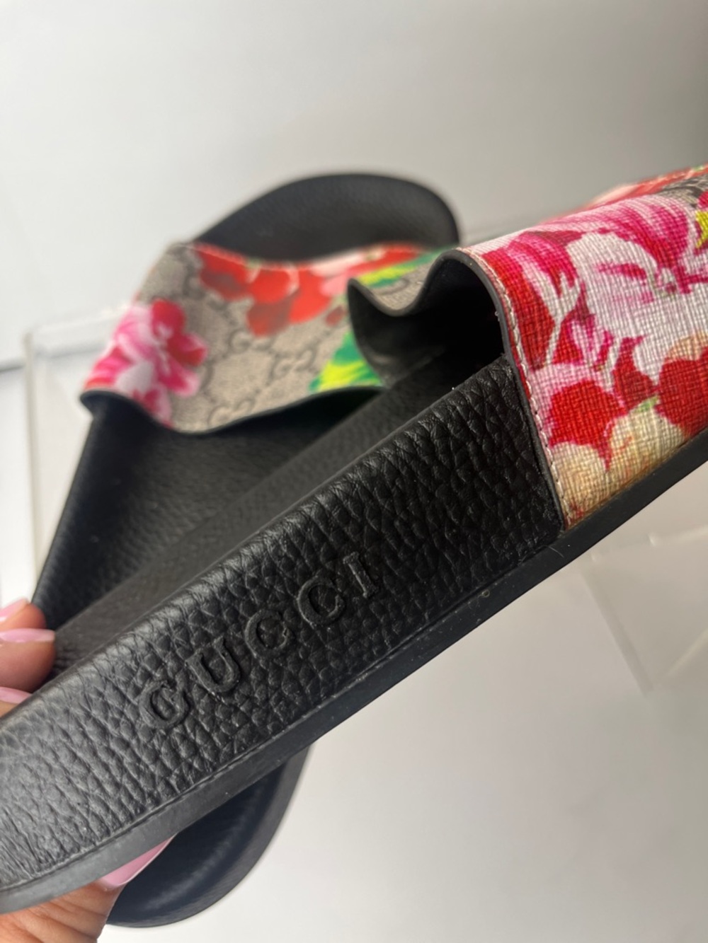 Gucci Floral Slide Sandals - Black with Multicolor Floral Strap - Picture 7 of 7